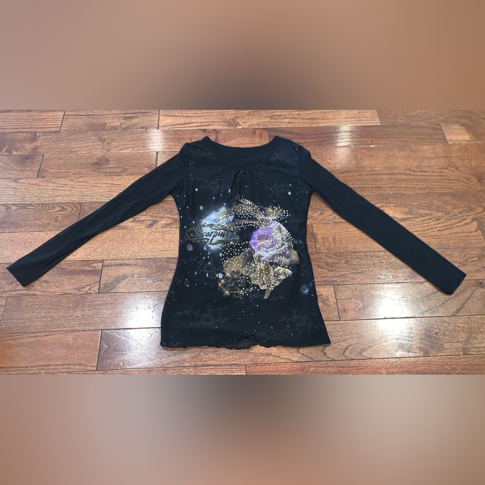 Y2K Scorpio Fairy Graphic Mesh Shirt Sheer‎ Sleeves Rhinestone Top